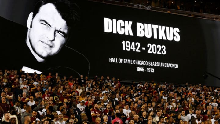 LANDOVER, MARYLAND - OCTOBER 05: A general view during a moment of remembrance for former Chicago Bears Hall of Fame linebacker Dick Butkus at FedExField on October 05, 2023 in Landover, Maryland. Butkus passed away at age 80 on October 05, 2023. (Photo by Greg Fiume/Getty Images)