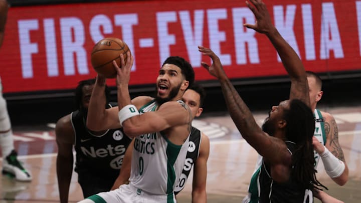NEW YORK, NEW YORK - MARCH 11: Jayson Tatum #0 of the Boston Celtics shoots against the Brooklyn Nets during their game at Barclays Center on March 11, 2021 in New York City. NOTE TO USER: User expressly acknowledges and agrees that, by downloading and/or using this Photograph, user is consenting to the terms and conditions of the Getty Images License Agreement. (Photo by Al Bello/Getty Images)