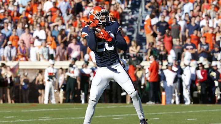 Sep 19, 2015; Charlottesville, VA, USA; Virginia Cavaliers cornerback Maurice Canady (26) catches the ball in the first half against the William & Mary Tribe at Scott Stadium. Mandatory Credit: Amber Searls-USA TODAY Sports
