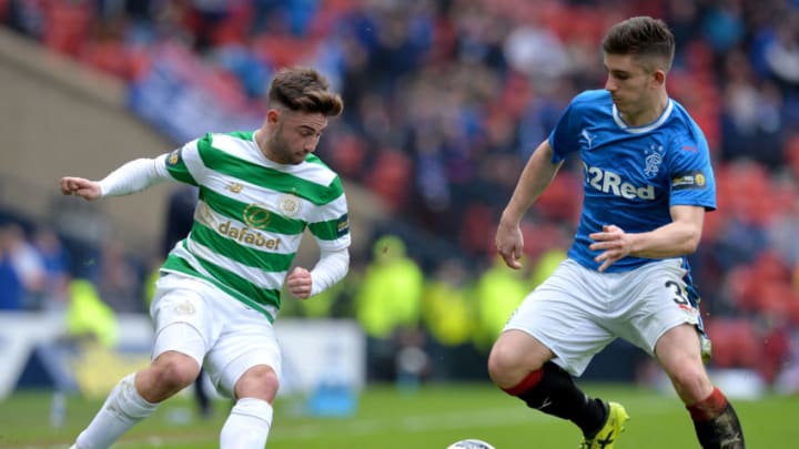 GLASGOW, SCOTLAND - APRIL 15: Declan John of Rangers is challenged by Patrick Roberts of Celtic during the Scottish Cup Semi Final match between Rangers and Celtic at Hampden Park on April 15, 2018 in Glasgow, Scotland. (Photo by Mark Runnacles/Getty Images)