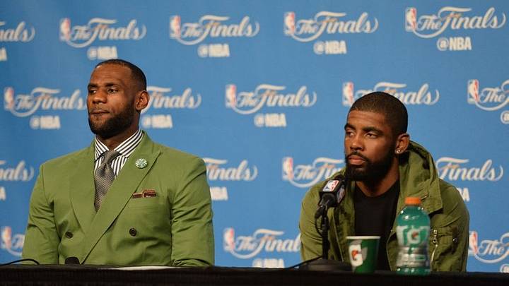 Jun 10, 2016; Cleveland, OH, USA; Cleveland Cavaliers forward LeBron James (23) and guard Kyrie Irving (2) look during a press conference after game four of the NBA Finals against the Golden State Warriors at Quicken Loans Arena. The Warriors won 108-97. Mandatory Credit: Ken Blaze-USA TODAY Sports
