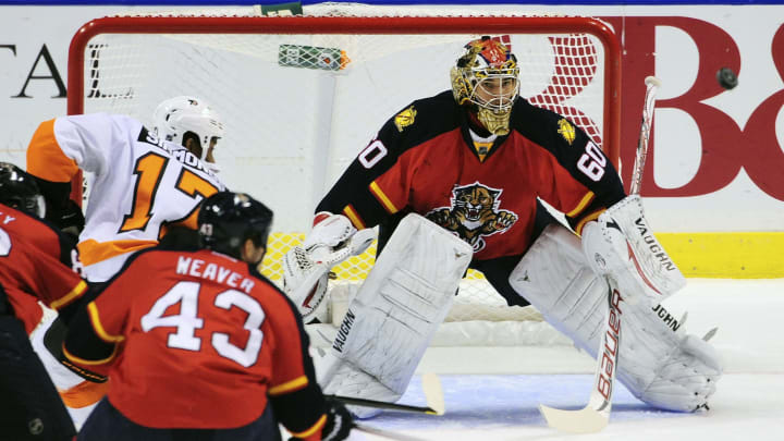 SUNRISE, FL – JANUARY 26: Goaltender Jose Theodore #60 of the Florida Panthers defends the net during a NHL game against the Philadelphia Flyers at the BB&T Center on January 26, 2013 in Sunrise, Florida. (Photo by Ronald C. Modra/Getty Images)
