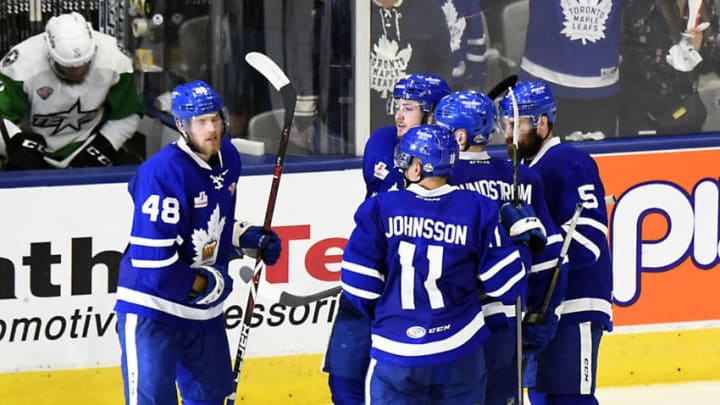 TORONTO, ON - JUNE 12: The Toronto Marlies celebrate a goal against the Texas Stars during game 6 of the AHL Calder Cup Final on June 12, 2018 at Ricoh Coliseum in Toronto, Ontario, Canada. (Photo by Graig Abel/Getty Images)
