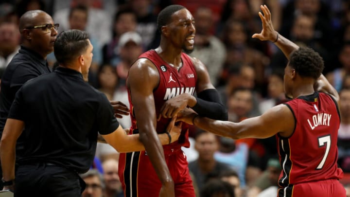 Bam Adebayo #13 of the Miami Heat reacts after being called for a technical foul against the Boston Celtics(Photo by Megan Briggs/Getty Images)