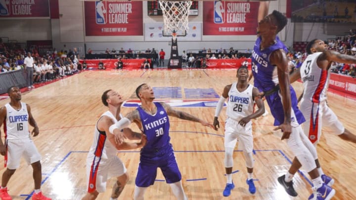 LAS VEGAS, NV - JULY 8: Harry Giles #20 of the Sacramento Kings dunks the ball against the LA Clippers during the 2018 Las Vegas Summer League on July 8, 2018 at the Cox Pavilion in Las Vegas, Nevada. NOTE TO USER: User expressly acknowledges and agrees that, by downloading and/or using this Photograph, user is consenting to the terms and conditions of the Getty Images License Agreement. Mandatory Copyright Notice: Copyright 2018 NBAE (Photo by Bart Young/NBAE via Getty Images)