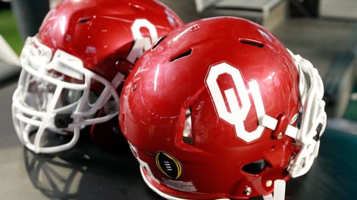Dec 31, 2015; Miami Gardens, FL, USA;A general view of Oklahoma Sooners helmets in the third quarter of the 2015 CFP Semifinal at the Orange Bowl at Sun Life Stadium. Mandatory Credit: Kim Klement-USA TODAY Sports