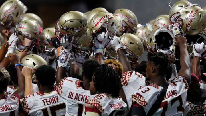ATLANTA, GA - SEPTEMBER 02: The Florida State Seminoles huddle prior to their game against the Alabama Crimson Tide at Mercedes-Benz Stadium on September 2, 2017 in Atlanta, Georgia. (Photo by Kevin C. Cox/Getty Images)