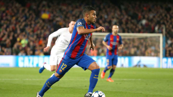 BARCELONA, SPAIN - MARCH 8: Rafinha of FC Barcelona in action during the UEFA Champions League Round of 16 second leg match between FC Barcelona and Paris Saint-Germain (PSG) at Camp Nou on March 8, 2017 in Barcelona, Spain. (Photo by Jean Catuffe/Getty Images)