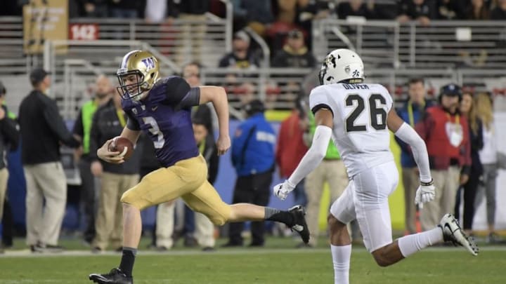 Dec 2, 2016; Santa Clara, CA, USA; Washington Huskies quarterback Jake Browning (3) chased by Colorado Buffaloes defensive back Isaiah Oliver (26) during the Pac-12 championship at Levi