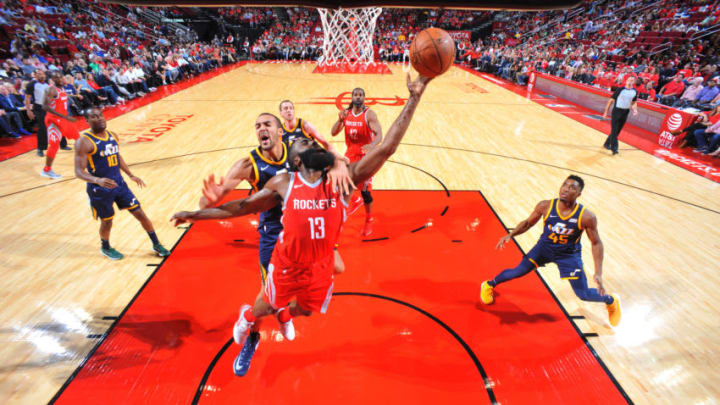 HOUSTON, TX - NOVEMBER 5: James Harden #13 of the Houston Rockets goes to the basket against the Utah Jazz on November 5, 2017 at the Toyota Center in Houston, Texas. Copyright 2017 NBAE (Photo by Bill Baptist/NBAE via Getty Images)