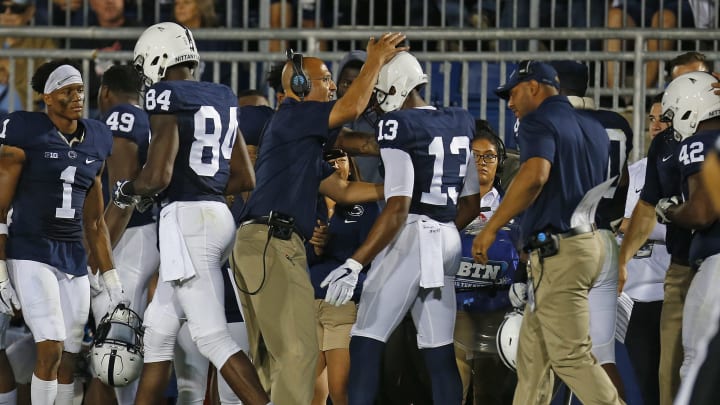 STATE COLLEGE, PA – SEPTEMBER 16: James Franklin celebrates a 35 yard touchdown pass with Saeed Blacknall #13 of the Penn State Nittany Lions at Beaver Stadium on September 16, 2017 in State College, Pennsylvania. (Photo by Justin K. Aller/Getty Images)