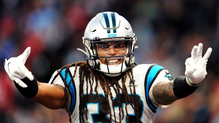 LONDON, ENGLAND – OCTOBER 13: Tre Boston of Carolina Panthers celebrates during the NFL match between the Carolina Panthers and Tampa Bay Buccaneers at Tottenham Hotspur Stadium on October 13, 2019 in London, England. (Photo by Alex Burstow/Getty Images)