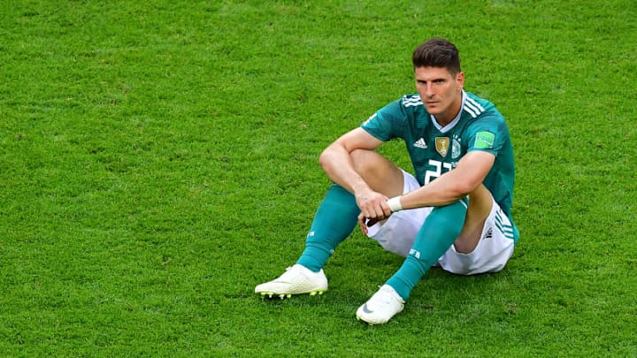 Germany's forward Mario Gomez reacts at the end of the Russia 2018 World Cup Group F football match between South Korea and Germany at the Kazan Arena in Kazan on June 27, 2018. - Germany have been eliminated from a World Cup in the first round for the first time since the Second World War, as the holders are knocked out in the group stage for the fourth time this century. (Photo by Luis Acosta / AFP) / RESTRICTED TO EDITORIAL USE - NO MOBILE PUSH ALERTS/DOWNLOADS (Photo credit should read LUIS ACOSTA/AFP/Getty Images)