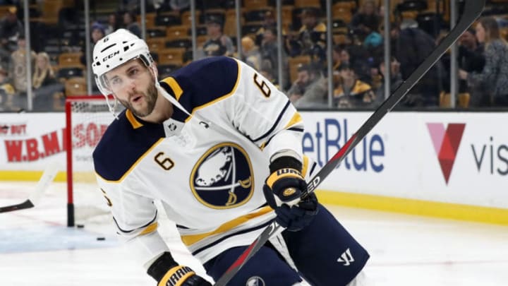 BOSTON, MA - DECEMBER 16: Buffalo Sabres defenseman Marco Scandella (6) skates in warm up before a game between the Boston Bruins and the Buffalo Sabres on December 16, 2018, at TD Garden in Boston, Massachusetts. (Photo by Fred Kfoury III/Icon Sportswire via Getty Images)