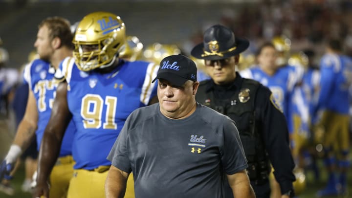 LOS ANGELES, CALIFORNIA – SEPTEMBER 14: Head coach Chip Kelly of the UCLA Bruins walks off the field after being defeated by the Oklahoma Sooners 48-14 in a game at the Rose Bowl on September 14, 2019, in Los Angeles, California. (Photo by Sean M. Haffey/Getty Images)