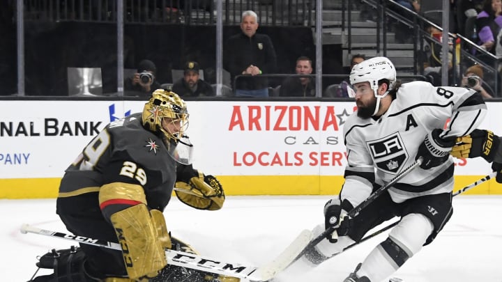 Marc-Andre Fleury of the Vegas Golden Knights comes out of the crease to block a shot by Drew Doughty of the Los Angeles Kings in the first period of their game at T-Mobile Arena on March 01, 2020.