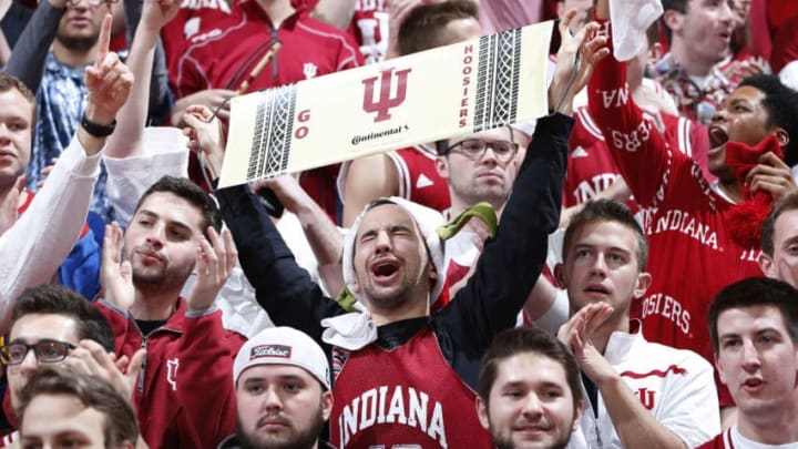 BLOOMINGTON, IN - FEBRUARY 11: Indiana Hoosiers fans celebrate in the second half of the game against the Iowa Hawkeyes at Assembly Hall on February 11, 2016 in Bloomington, Indiana. Indiana defeated Iowa 85-78. (Photo by Joe Robbins/Getty Images)