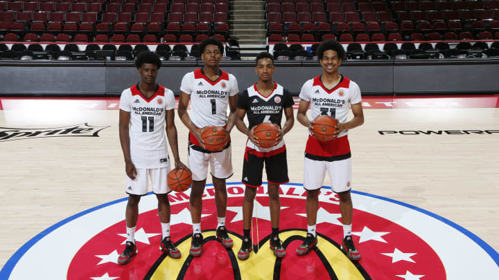 Mar 30, 2016; Chicago, IL, USA; From left to right McDonald’s All-Americans Josh Jackson (11), Marques Bolden (1), Terrance Ferguson (6), and Jarrett Allen (31) who are all presently undecided on choice of college to attend pose for a group photo before the McDonald’s High School All-American Game at the United Center. Mandatory Credit: Brian Spurlock-USA TODAY Sports