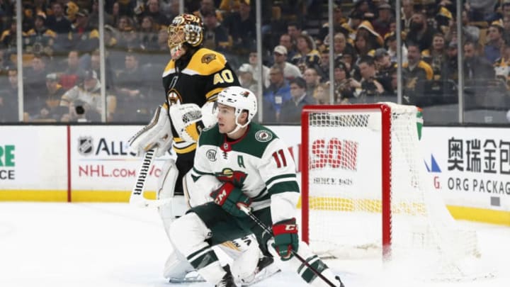 BOSTON, MA - JANUARY 08: Minnesota Wild left wing Zach Parise (11) sets up wide on Boston Bruins goalie Tuukka Rask (40) during a game between the Boston Bruins and the Minnesota Wild on January 8, 2019, at TD Garden in Boston, Massachusetts. (Photo by Fred Kfoury III/Icon Sportswire via Getty Images)