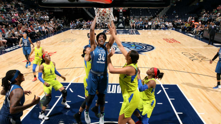 MINNEAPOLIS, MN - MAY 23: Sylvia Fowles #34 of the Minnesota Lynx shoots the ball against the Dallas Wings on May 23, 2018 at Target Center in Minneapolis, Minnesota. NOTE TO USER: User expressly acknowledges and agrees that, by downloading and or using this Photograph, user is consenting to the terms and conditions of the Getty Images License Agreement. Mandatory Copyright Notice: Copyright 2018 NBAE (Photo by David Sherman/NBAE via Getty Images)
