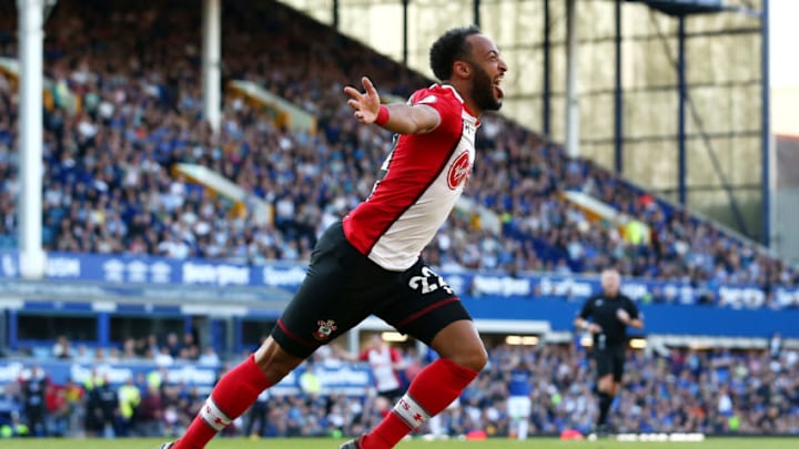 LIVERPOOL, ENGLAND - MAY 05: Nathan Redmond of Southampton celebrates after scoring his sides first goal during the Premier League match between Everton and Southampton at Goodison Park on May 5, 2018 in Liverpool, England. (Photo by Jan Kruger/Getty Images)