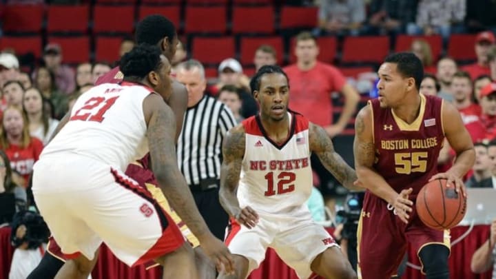 Mar 2, 2016; Raleigh, NC, USA; Boston College Eagles guard Sammy Barnes-Thompkins (55) looks to pass as North Carolina State Wolfpack guard Anthony