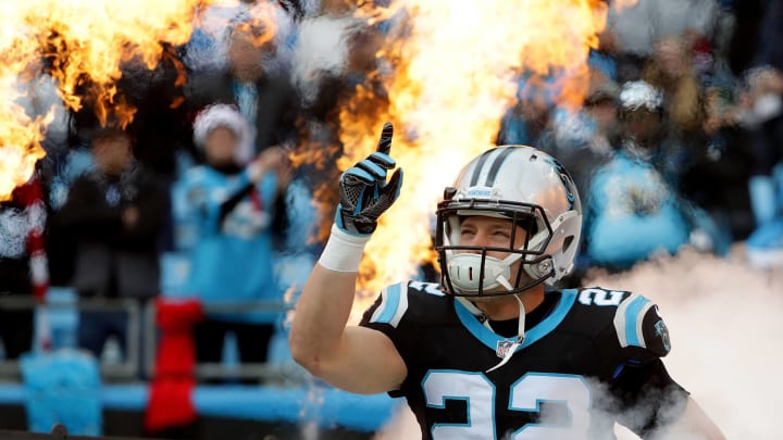 CHARLOTTE, NC – DECEMBER 24: Christian McCaffrey #22 of the Carolina Panthers takes the field before their game against the Tampa Bay Buccaneers at Bank of America Stadium on December 24, 2017 in Charlotte, North Carolina. (Photo by Streeter Lecka/Getty Images)