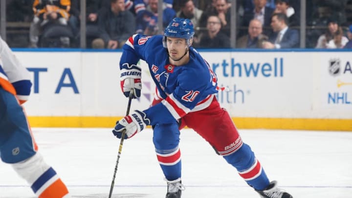 NEW YORK, NY - JANUARY 13: Chris Kreider #20 of the New York Rangers skates with the puck against the New York Islanders at Madison Square Garden on January 13, 2020 in New York City. (Photo by Jared Silber/NHLI via Getty Images)