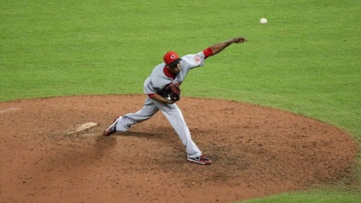 Sep 18, 2013; Houston, TX, USA; Cincinnati Reds relief pitcher Aroldis Chapman (54) pitches during the thirteenth inning against the Houston Astros at Minute Maid Park. Mandatory Credit: Troy Taormina-USA TODAY Sports