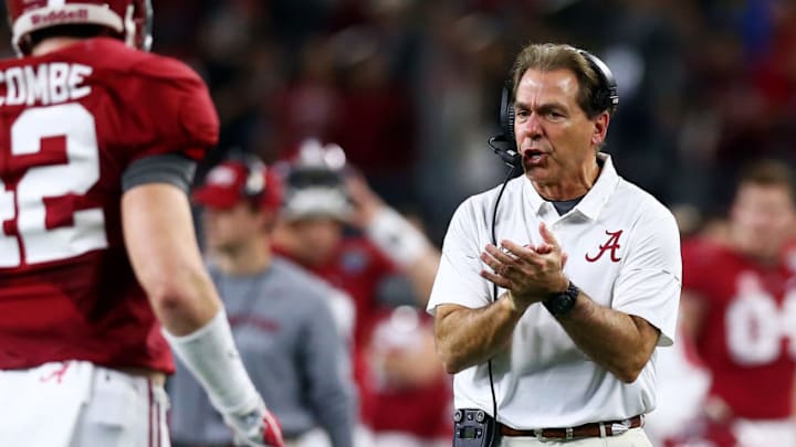 ARLINGTON, TX - DECEMBER 31: Head coach Nick Saban of the Alabama Crimson Tide reacts from the sideline in the fourth quarter while taking on the Michigan State Spartans during the Goodyear Cotton Bowl at AT ARLINGTON, TX - DECEMBER 31: Head coach Nick Saban of the Alabama Crimson Tide reacts from the sideline in the fourth quarter while taking on the Michigan State Spartans during the Goodyear Cotton Bowl at AT