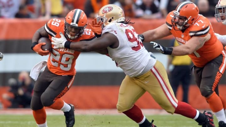Dec 13, 2015; Cleveland, OH, USA; Cleveland Browns running back Duke Johnson (29) runs the ball as San Francisco 49ers nose tackle Ian Williams (93) tries to make the tackle during the fourth quarter at FirstEnergy Stadium. The Browns won 24-10. Mandatory Credit: Ken Blaze-USA TODAY Sports