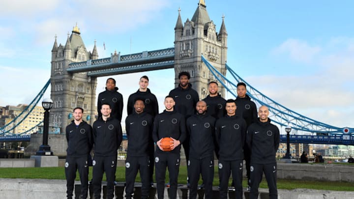 LONDON, ENGLAND - JANUARY 10: The Philadelphia 76ers pose for a team portrait as part of the 2018 NBA London Global Game at Potters Fields Park on January 10, 2018 in London, England. NOTE TO USER: User expressly acknowledges and agrees that, by downloading and/or using this Photograph, user is consenting to the terms and conditions of the Getty Images License Agreement. Mandatory Copyright Notice: Copyright 2018 NBAE (Photo by Jesse D. Garrabrant/NBAE via Getty Images)
