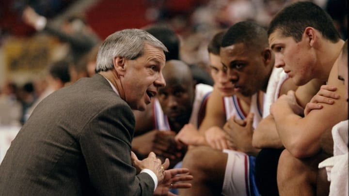 13 Mar 1998: Coach Roy Williams of the Kansas Jayhawks talks to his team during an NCAA tournament game against the Prairie View Panthers at the Myriad in Oklahoma City, Oklahoma. Kansas defeated Prairie View 110-52. Mandatory Credit: Stephen Dunn /All