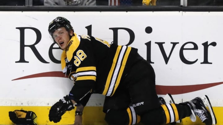 BOSTON, MA - NOVEMBER 04: A bloodied Boston Bruins right wing David Pastrnak (88) looks for a 4 minute call after a high stick during a game between the Boston Bruins and the Washington Capitals on November 4, 2017, at TD Garden in Boston, Massachusetts. The Capitals defeated the Bruins 3-2. (Photo by Fred Kfoury III/Icon Sportswire via Getty Images)