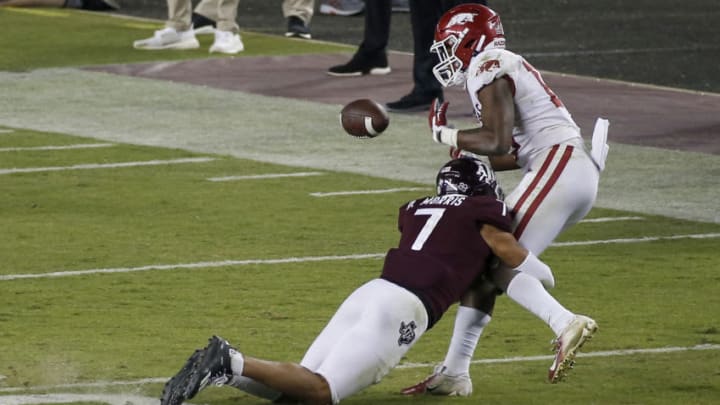 COLLEGE STATION, TEXAS - OCTOBER 31: Devin Morris #7 of the Texas A&M Aggies breaks up a pass intended for Treylon Burks #16 of the Arkansas Razorbacks in the second half at Kyle Field on October 31, 2020 in College Station, Texas. (Photo by Tim Warner/Getty Images)