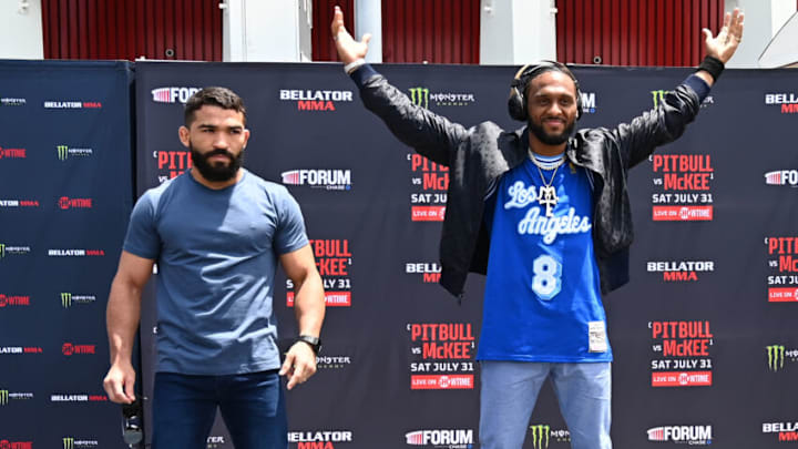 INGLEWOOD, CA - JULY 22: Patricio Pitbull, left, and AJ McKee stand for a photo for their upcoming Featherweight World Grand Prix Final at Bellator MMA 163 at The Forum on July 22, 2021 in Inglewood, California. The Featherweight World Grand Prix Final will be held on July 31, 2021. (Photo by Jayne Kamin-Oncea/Getty Images)