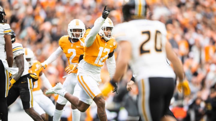 Tennessee defensive back Tamarion McDonald (12) celebrates during a game between Tennessee and Missouri in Neyland Stadium, Saturday, Nov. 12, 2022.Volsmizzou1112 0453