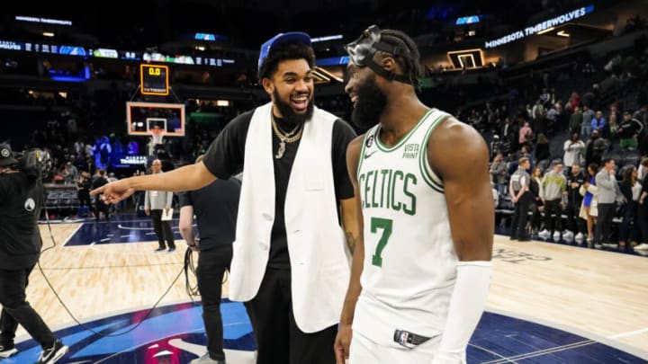 A trade proposal pitched by an NBA executive sending Jaylen Brown to the Timberwolves and Karl-Anthony Towns to the Boston Celtics is a "longshot" (Photo by David Berding/Getty Images)
