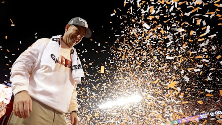 CHARLOTTE, NC - DECEMBER 02: Head coach Dabo Swinney of the Clemson Tigers celebrates after defeating the Miami Hurricanes 38-3 in the ACC Football Championship at Bank of America Stadium on December 2, 2017 in Charlotte, North Carolina. (Photo by Streeter Lecka/Getty Images)