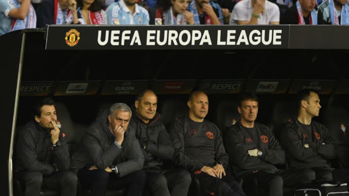 VIGO, SPAIN - MAY 04: Head coach Jose Mourinho (2-L) of Manchester United during the UEFA Europa League, semi final first leg match, between Celta Vigo and Manchester United at Estadio Balaidos on May 4, 2017 in Vigo, Spain. (Photo by Octavio Passos/Getty Images)