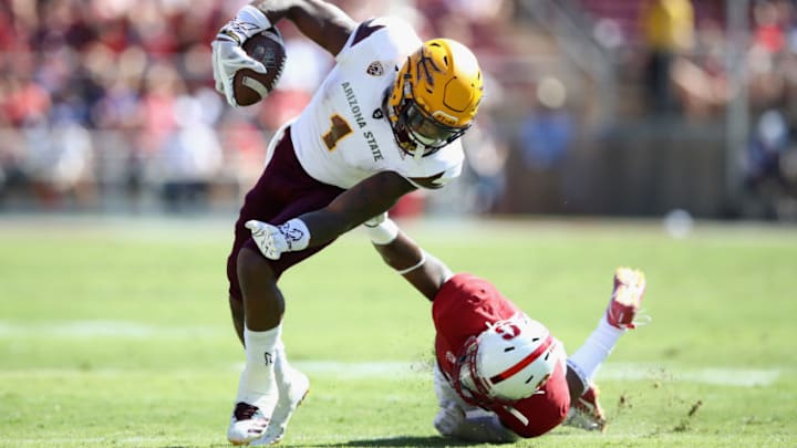 PALO ALTO, CA - SEPTEMBER 30: N'Keal Harry #1 of the Arizona State Sun Devils tries to get away from Alameen Murphy #4 of the Stanford Cardinal at Stanford Stadium on September 30, 2017 in Palo Alto, California. (Photo by Ezra Shaw/Getty Images)