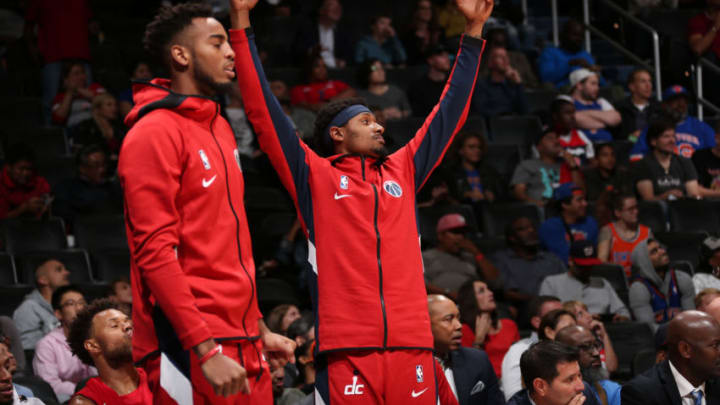 WASHINGTON, DC -¬ OCTOBER 7: Bradley Beal #3 of Washington Wizards reacts to three point basket against the New York Knicks during pre-season on October 7, 2019 at Capital One Arena in Washington, DC. NOTE TO USER: User expressly acknowledges and agrees that, by downloading and or using this Photograph, user is consenting to the terms and conditions of the Getty Images License Agreement. Mandatory Copyright Notice: Copyright 2019 NBAE (Photo by Ned Dishman/NBAE via Getty Images)