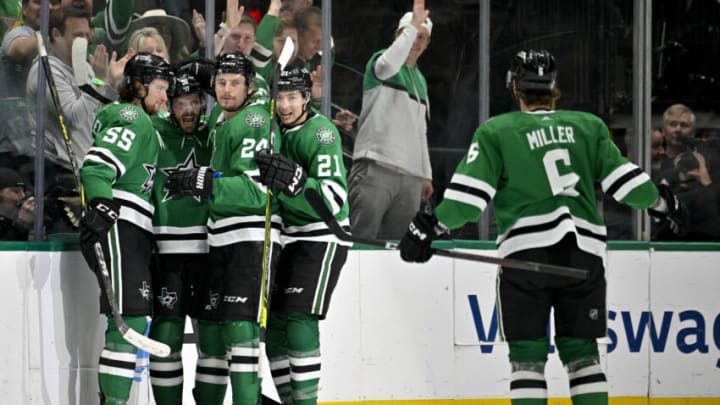 May 4, 2023; Dallas, Texas, USA; Dallas Stars defenseman Thomas Harley (55) and center Tyler Seguin (91) and center Roope Hintz (24) and left wing Jason Robertson (21) and defenseman Colin Miller (6) celebrates a goal scored by Seguin against the Seattle Kraken during the third period in game two of the second round of the 2023 Stanley Cup Playoffs at Scotiabank Arena. Mandatory Credit: Jerome Miron-USA TODAY Sports
