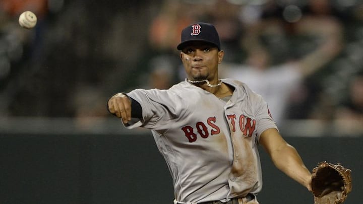 Jun 1, 2016; Baltimore, MD, USA; Boston Red Sox shortstop Xander Bogaerts (2) throws to first base during the eighth inning against the Baltimore Orioles at Oriole Park at Camden Yards. Baltimore Orioles defeated Boston Red Sox 13-9. Mandatory Credit: Tommy Gilligan-USA TODAY Sports