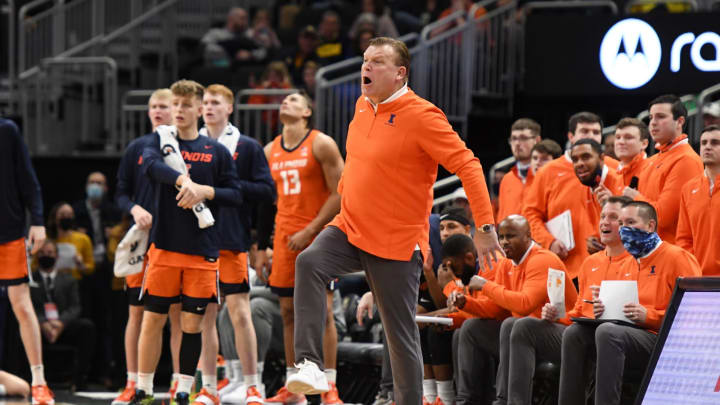 MILWAUKEE, WISCONSIN – NOVEMBER 15: Head coach Brad Underwood of the Illinois Fighting Illini reacts to a call in the second half during a college basketball game against the Marquette Golden Eagles at the Fiserv Forum on November 15, 2021 in Milwaukee, Wisconsin. (Photo by Mitchell Layton/Getty Images)