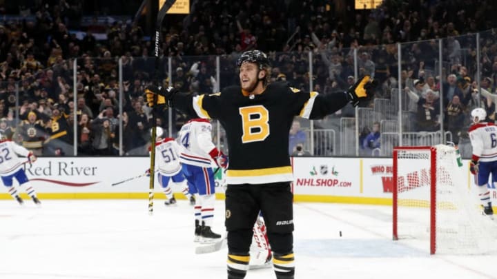 BOSTON, MA - DECEMBER 01: Boston Bruins right wing David Pastrnak (88) celebrates his 25th goal of the season during a game between the Boston Bruins and the Montreal Canadiens on December 1, 2019, at TD Garden in Boston, Massachusetts. (Photo by Fred Kfoury III/Icon Sportswire via Getty Images)