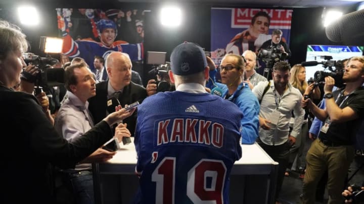 VANCOUVER, BRITISH COLUMBIA - JUNE 21: Kaapp Kakko speaks to the media after being selected second overall by the New York Rangers during the first round of the 2019 NHL Draft at Rogers Arena on June 21, 2019 in Vancouver, Canada. (Photo by Rich Lam/Getty Images)