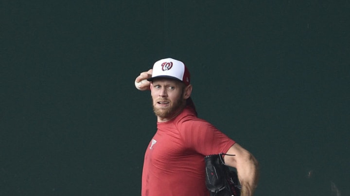 WASHINGTON, DC - JULY 07: Stephen Strasburg #37 of the Washington Nationals throws in the bullpen during the Washington Nationals Summer Workouts at Nationals Park on July 07, 2020 in Washington, DC. (Photo by Patrick McDermott/Getty Images)