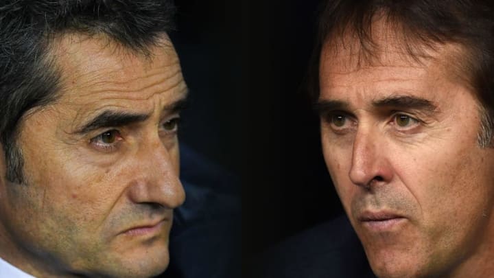 FILE PHOTO (EDITORS NOTE: COMPOSITE OF IMAGES - Image numbers 904100134,1038040072 - GRADIENT ADDED) In this composite image a comparison has been made between Head coach Ernesto Valverde of FC Barcelona (L) and Julen Lopetegui, head coach of Real Madrid. Barcelona and Real Madrid meet in the first El Clásico of the season on October 28, 2018 in Barcelona,Spain. ***LEFT IMAGE*** BARCELONA, SPAIN - JANUARY 11: Head coach Ernesto Valverde of FC Barcelona looks on during the Copa del Rey round of 16 second leg match between FC Barcelona and Celta de Vigo at Camp Nou on January 11, 2018 in Barcelona, Spain. (Photo by David Ramos/Getty Images) ***RIGHT IMAGE*** MADRID, SPAIN - SEPTEMBER 22: Julen Lopetegui, head coach of Real Madrid looks out from the bench before the start of the La Liga match between Real Madrid CF and RCD Espanyol at Estadio Santiago Bernabeu on September 22, 2018 in Madrid, Spain. (Photo by Denis Doyle/Getty Images,)
