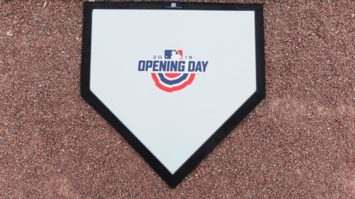 DETROIT, MI - APRIL 04: A detailed view of the ceremonial Opening Day logo home plate used during the pre-game ceremonies prior to the game between the Detroit Tigers and the Kansas City Royals at Comerica Park on April 4, 2019 in Detroit, Michigan. The Tigers defeated the Royals 5-4. (Photo by Mark Cunningham/MLB Photos via Getty Images)
